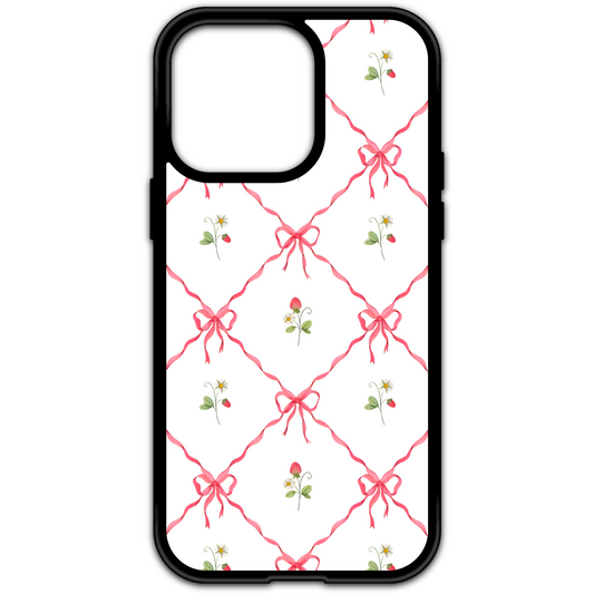 Phone case with a white background featuring a red ribbon lattice pattern. Inside each diamond-shaped section, there are small watercolor-style strawberry illustrations, including ripe strawberries, blossoms, and leaves. The case has a black border and camera cutout.