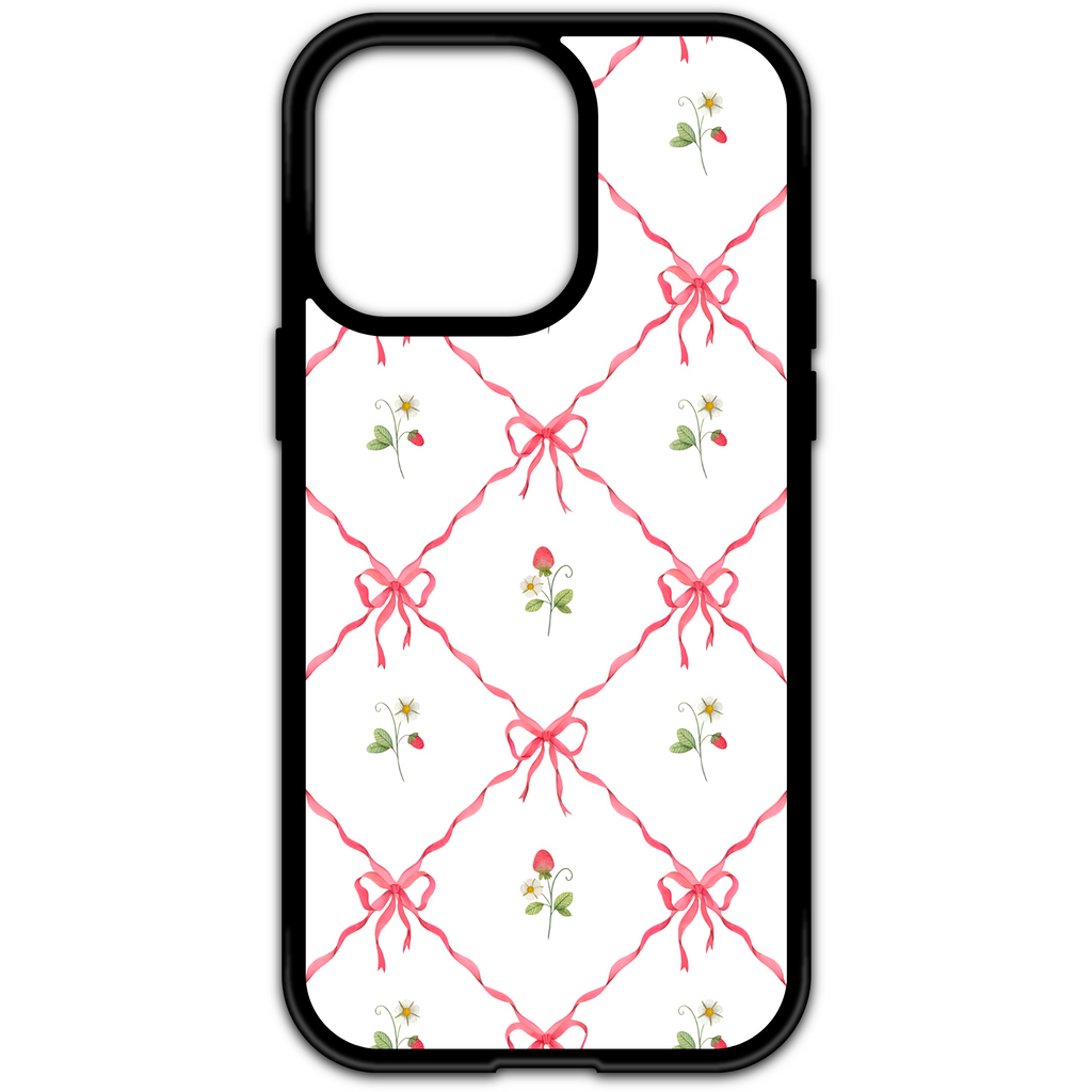 Phone case with a white background featuring a red ribbon lattice pattern. Inside each diamond-shaped section, there are small watercolor-style strawberry illustrations, including ripe strawberries, blossoms, and leaves. The case has a black border and camera cutout.