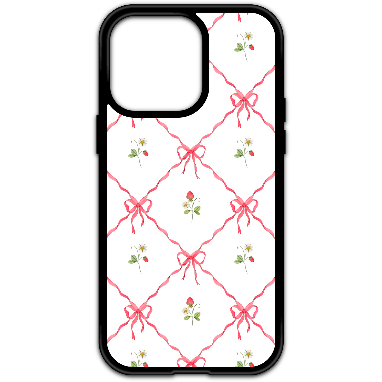 Phone case with a white background featuring a red ribbon lattice pattern. Inside each diamond-shaped section, there are small watercolor-style strawberry illustrations, including ripe strawberries, blossoms, and leaves. The case has a black border and camera cutout.